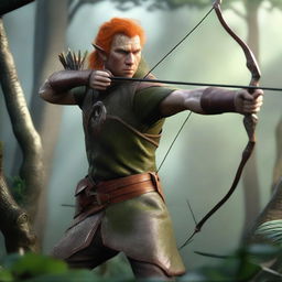 A detailed and realistic scene featuring a male elf with orange hair, acting as a ranger, attempting to shoot with a bow and arrow in a jungle setting