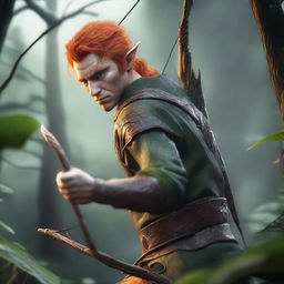 A detailed and realistic scene featuring a male elf with orange hair, acting as a ranger, attempting to shoot with a bow and arrow in a jungle setting