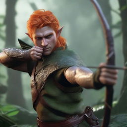 A detailed and realistic scene featuring a male elf with orange hair, acting as a ranger, attempting to shoot with a bow and arrow in a jungle setting