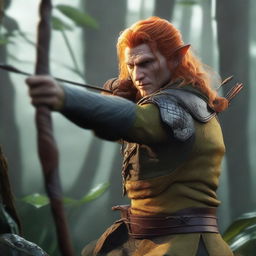 A detailed and realistic scene featuring a male elf with long orange hair and yellow eyes, acting as a ranger, attempting to shoot with a bow and arrow in a jungle setting