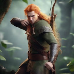 A detailed and realistic scene featuring a male elf with long orange hair and yellow eyes, acting as a ranger, attempting to shoot with a bow and arrow in a jungle setting