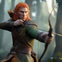 A detailed and realistic scene featuring a male elf with long orange hair and yellow eyes, acting as a ranger, attempting to shoot with a bow and arrow in a jungle setting