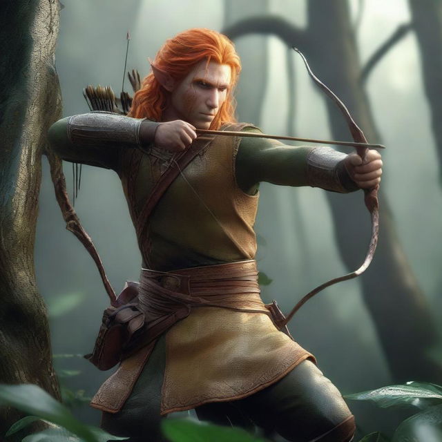 A detailed and realistic scene featuring a male elf with long orange hair and yellow eyes, acting as a ranger, attempting to shoot with a bow and arrow in a jungle setting