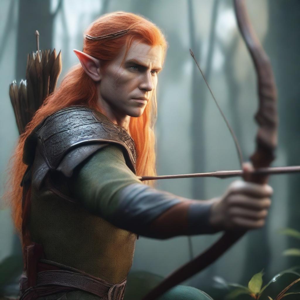 A detailed and realistic scene featuring a male elf with long orange hair and yellow eyes, acting as a ranger, attempting to shoot with a bow and arrow in a jungle setting