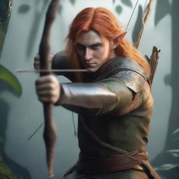 A detailed and realistic scene featuring a male elf with long orange hair and yellow eyes, acting as a ranger, attempting to shoot with a bow and arrow in a jungle setting