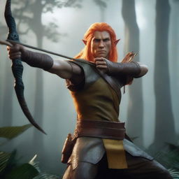 A detailed and realistic scene featuring a male elf with long orange hair and yellow eyes, acting as a ranger, attempting to shoot with a bow and arrow in a jungle setting