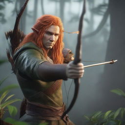 A detailed and realistic scene featuring a male elf with long orange hair and yellow eyes, acting as a ranger, attempting to shoot with a bow and arrow in a jungle setting