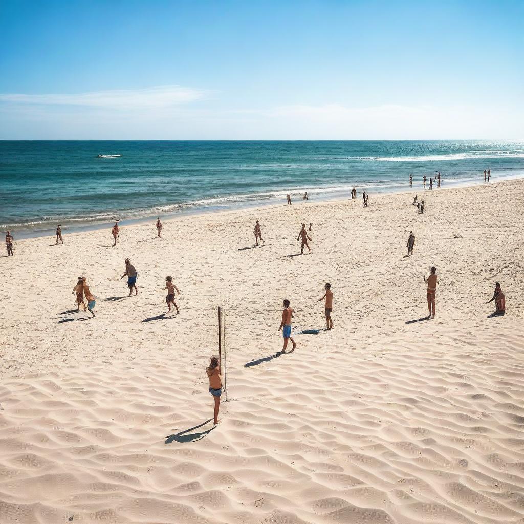 A beautiful scene at the beach featuring clear blue skies, golden sand, and gentle waves