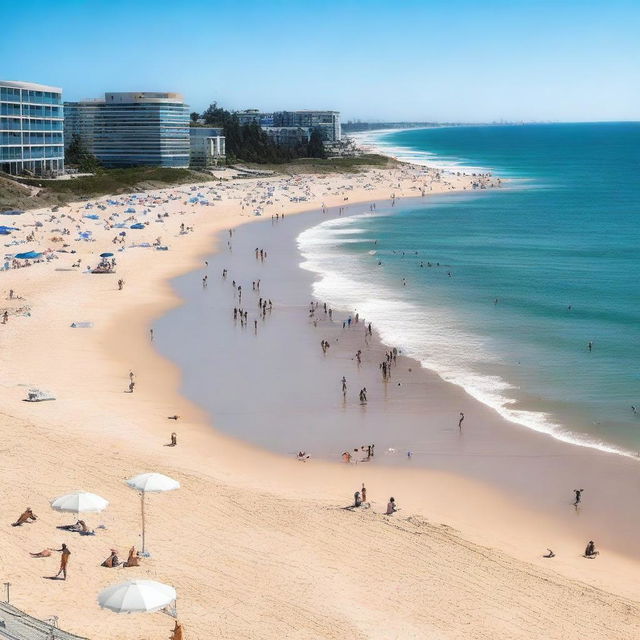 A beautiful scene at the beach featuring clear blue skies, golden sand, and gentle waves