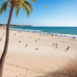 A beautiful scene at the beach featuring clear blue skies, golden sand, and gentle waves