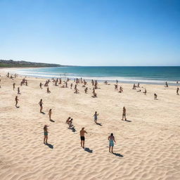 A beautiful scene at the beach featuring clear blue skies, golden sand, and gentle waves