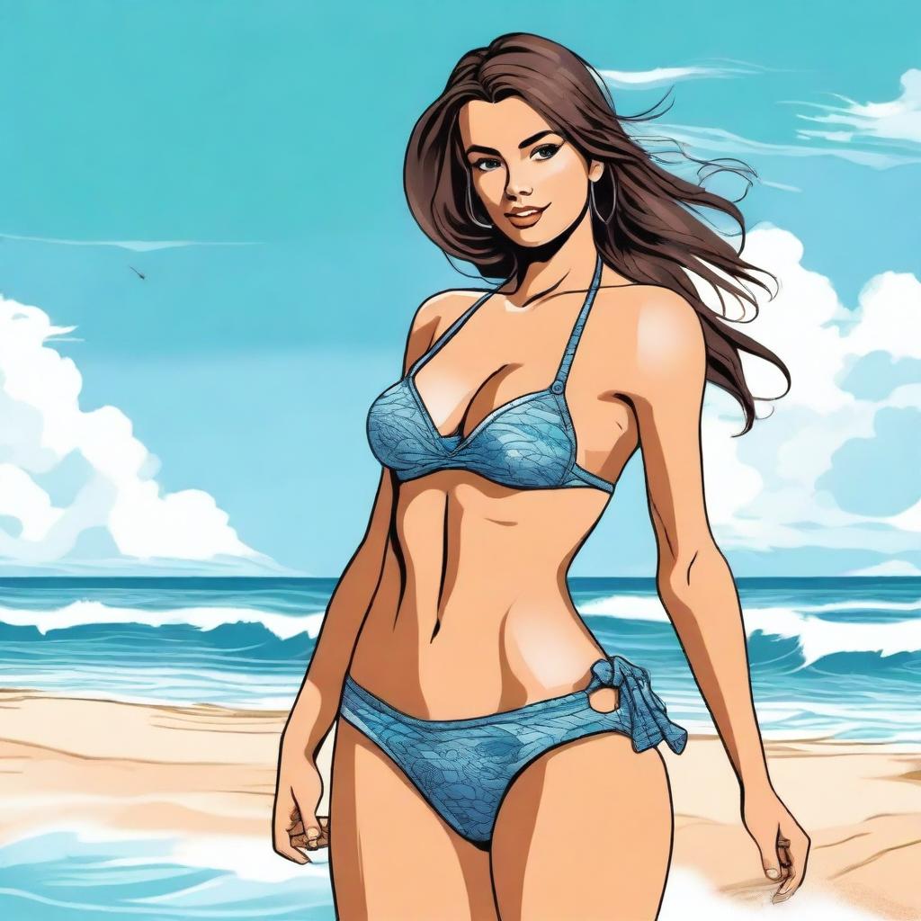 A detailed illustration of a bikini model posing on a beach