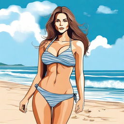 A detailed illustration of a bikini model posing on a beach