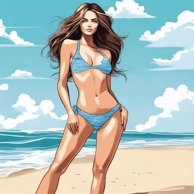 A detailed illustration of a bikini model posing on a beach