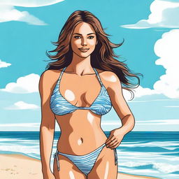 A detailed illustration of a bikini model posing on a beach