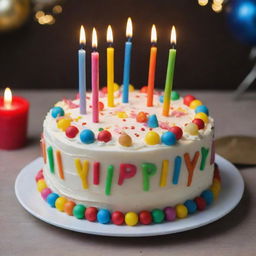 A beautifully decorated, festive Happy Birthday cake for Dendi, topped with colorful candles and enveloped in a festive ambiance.