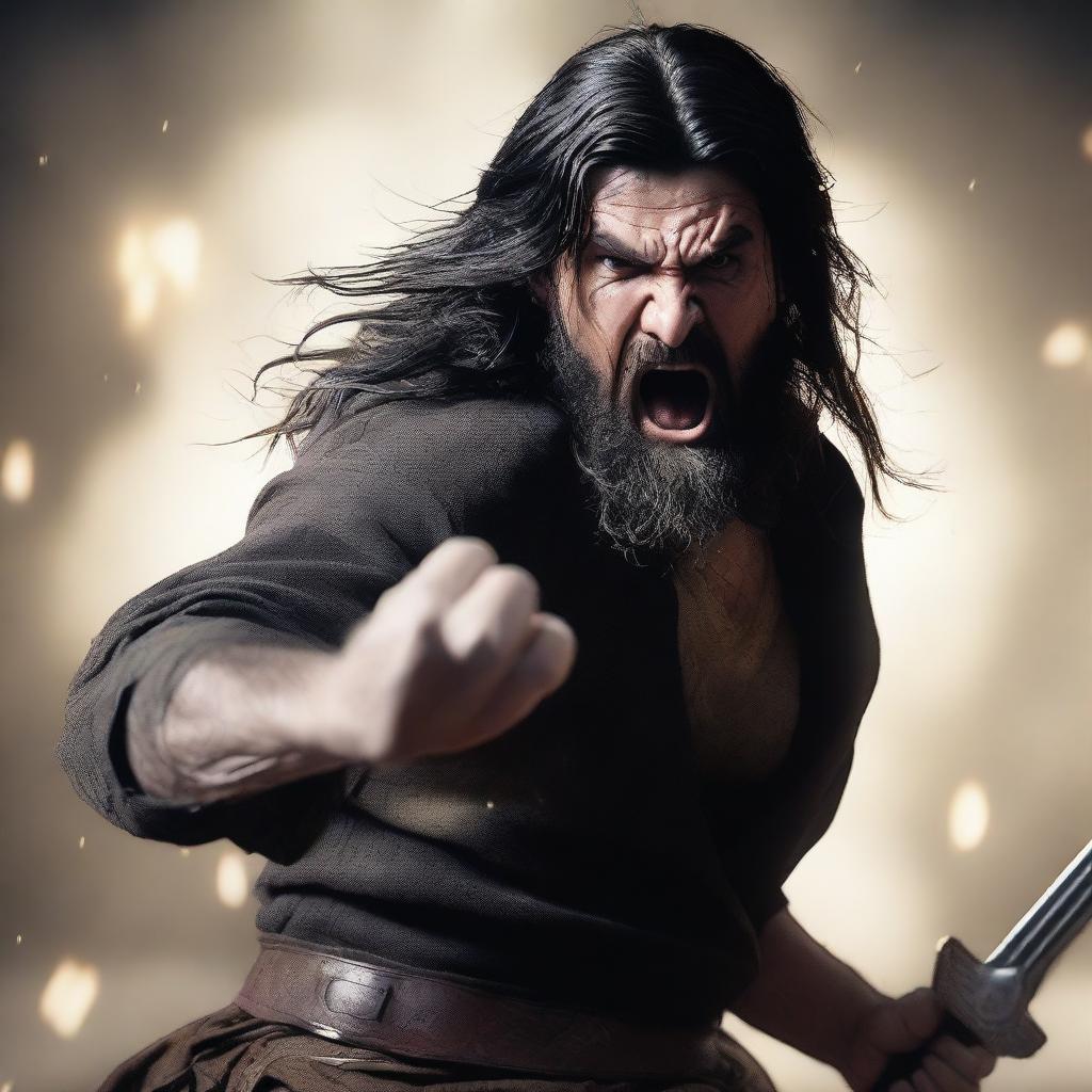 A detailed and realistic scene featuring a young angry man with long black hair and a beard, holding a sword and attempting to strike while shouting