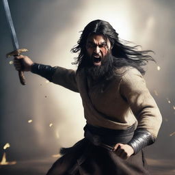 A detailed and realistic scene featuring a young angry man with long black hair and a beard, holding a sword and attempting to strike while shouting