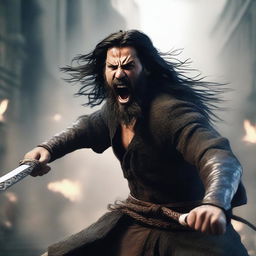 A detailed and realistic scene featuring a young angry man with long black hair and a beard, holding a sword and attempting to strike while shouting