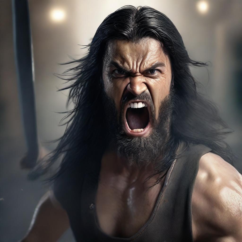 A detailed and realistic scene featuring a young angry man with long black hair and a beard, holding a sword and attempting to strike while shouting