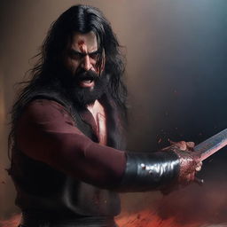 A detailed and realistic scene featuring a young angry man with long black hair and a beard, with some red liquid on his face