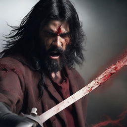 A detailed and realistic scene featuring a young angry man with long black hair and a beard, with some red liquid on his face