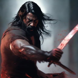 A detailed and realistic scene featuring a young angry man with long black hair and a beard, with some red liquid on his face