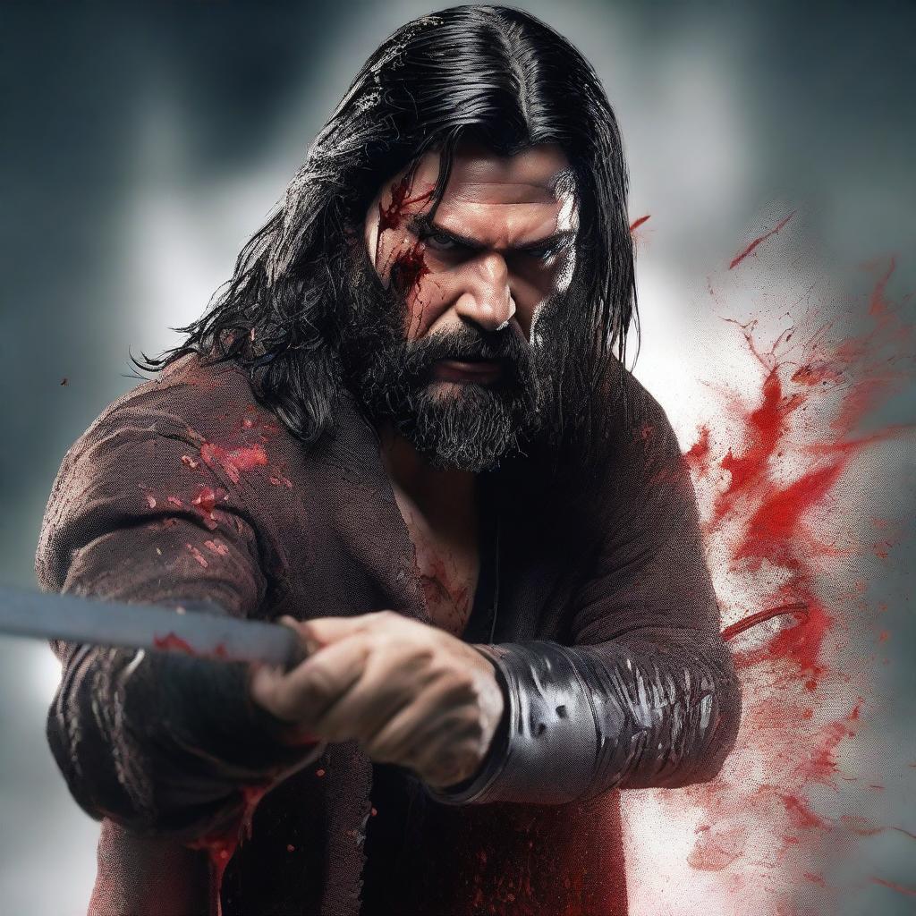 A detailed and realistic scene featuring a young angry man with long black hair and a beard, with some red liquid on his face