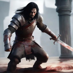 A detailed and realistic scene featuring a young angry man with long black hair and a short beard, with some blood on his face