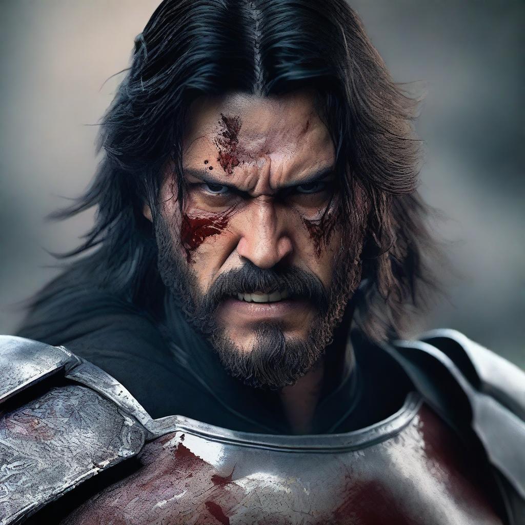 A detailed and realistic portrait of a young angry man with long black hair and a short beard, with some blood on his face