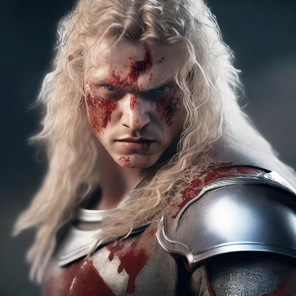 A detailed and realistic portrait of a young angry man with long curly blonde hair, with some blood on his face