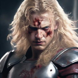 A detailed and realistic portrait of a young angry man with long curly blonde hair, with some blood on his face