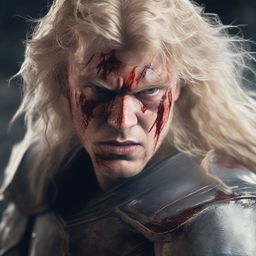 A detailed and realistic portrait of a young angry man with long curly blonde hair, with some blood on his face