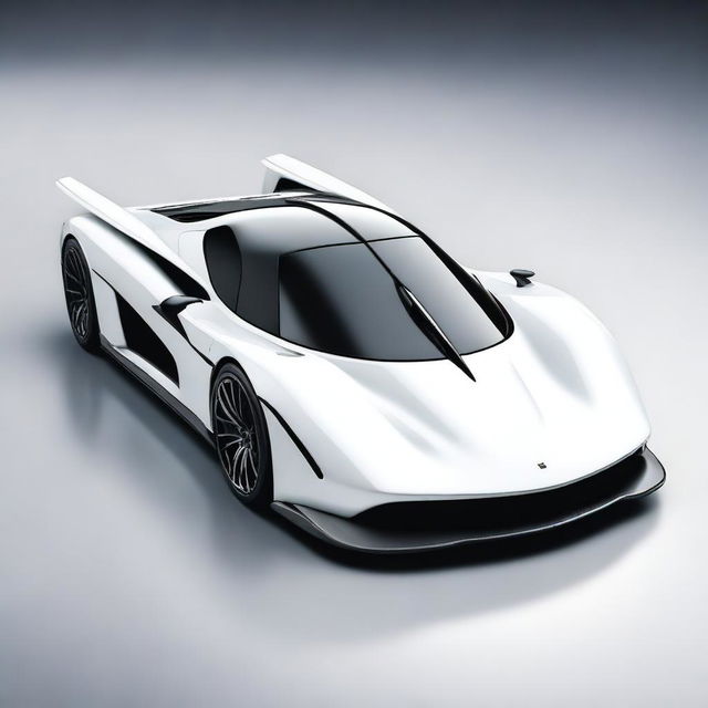 A modern supercar inspired by 90s Group C racecars and prototype Le Mans vehicles, featuring a sleek white color and a long tail design