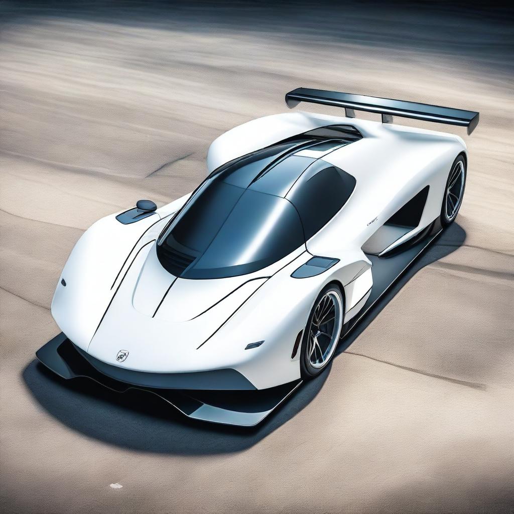 A modern supercar inspired by 90s Group C racecars and prototype Le Mans vehicles, featuring a sleek white color and a long tail design