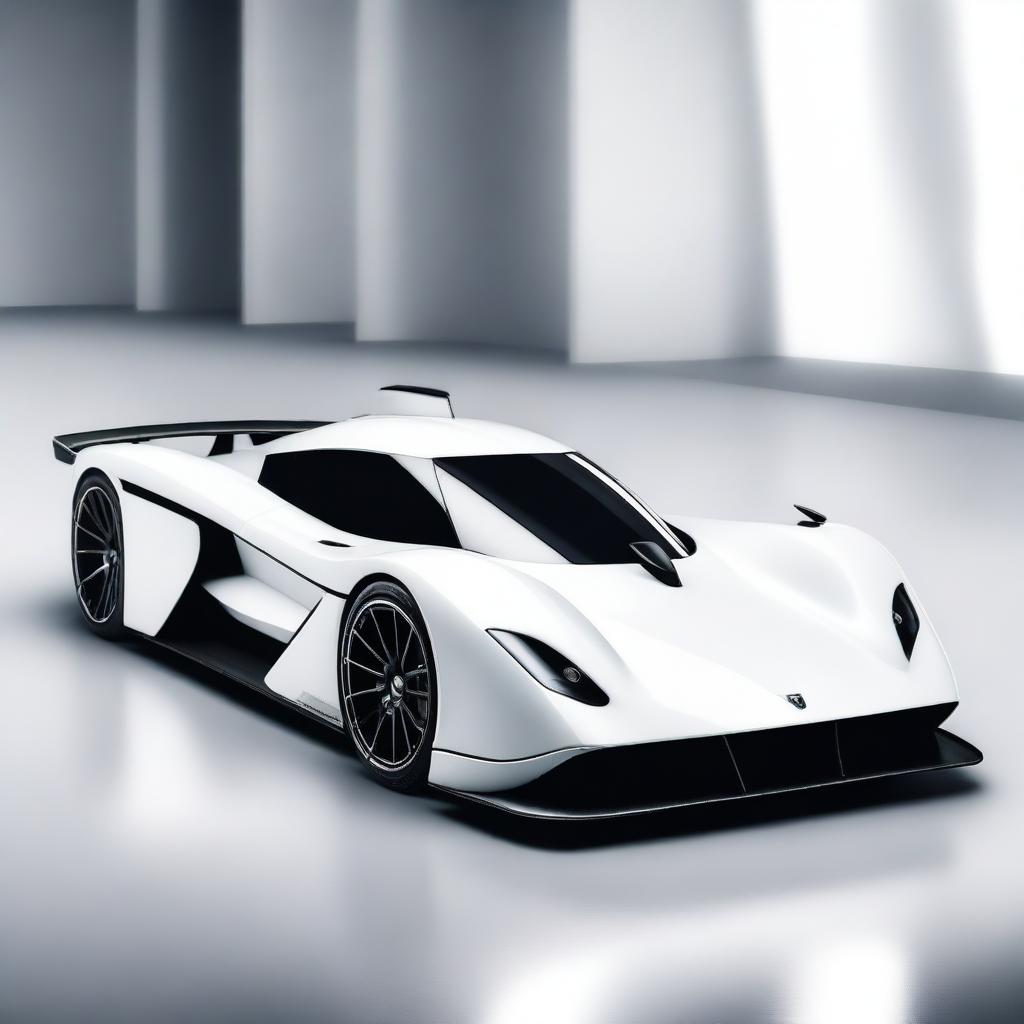 A modern supercar inspired by 90s Group C racecars and prototype Le Mans vehicles, featuring a sleek white color and a long tail design