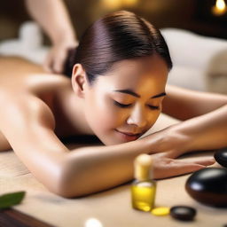 A high-quality hyper realistic digital artwork depicting a woman receiving a tasteful oil massage