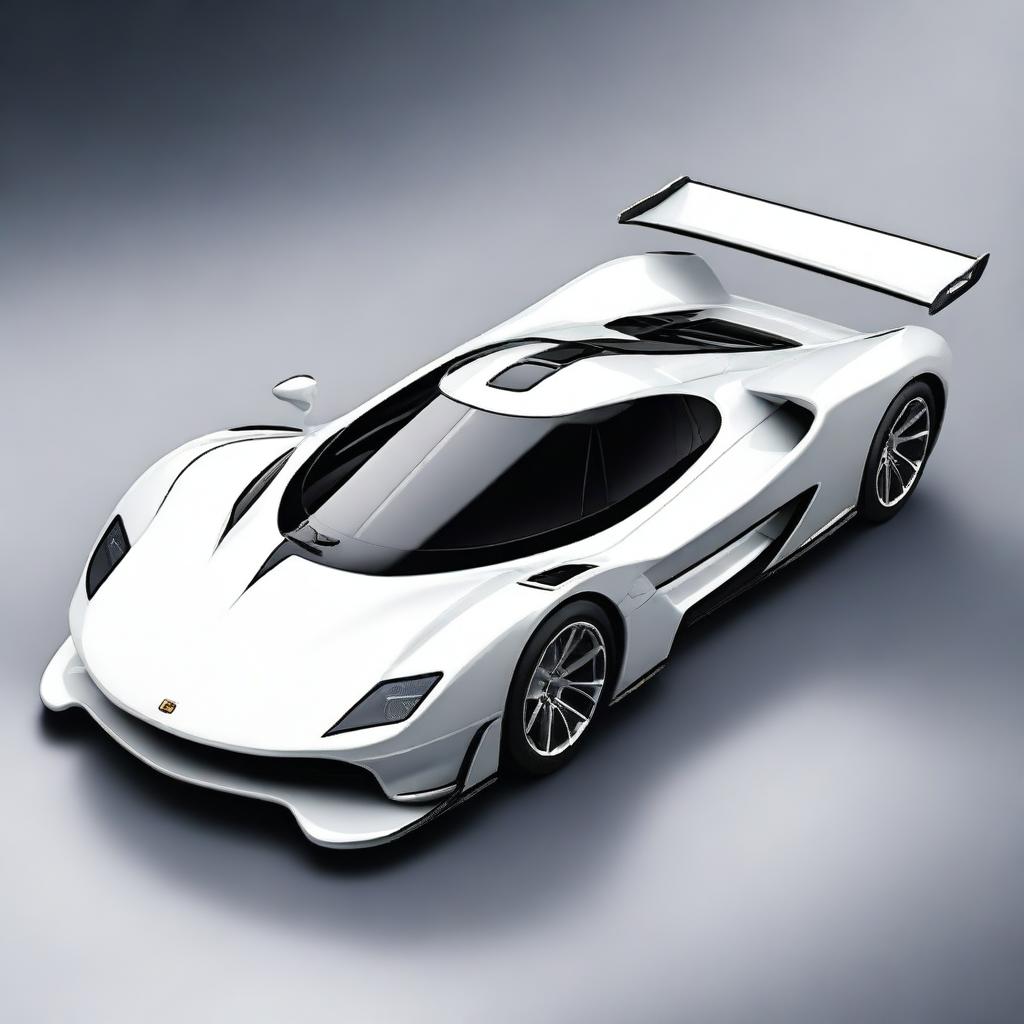 A modern supercar inspired by 90s Group C racecars and prototype Le Mans vehicles, featuring a sleek white color and a long tail design