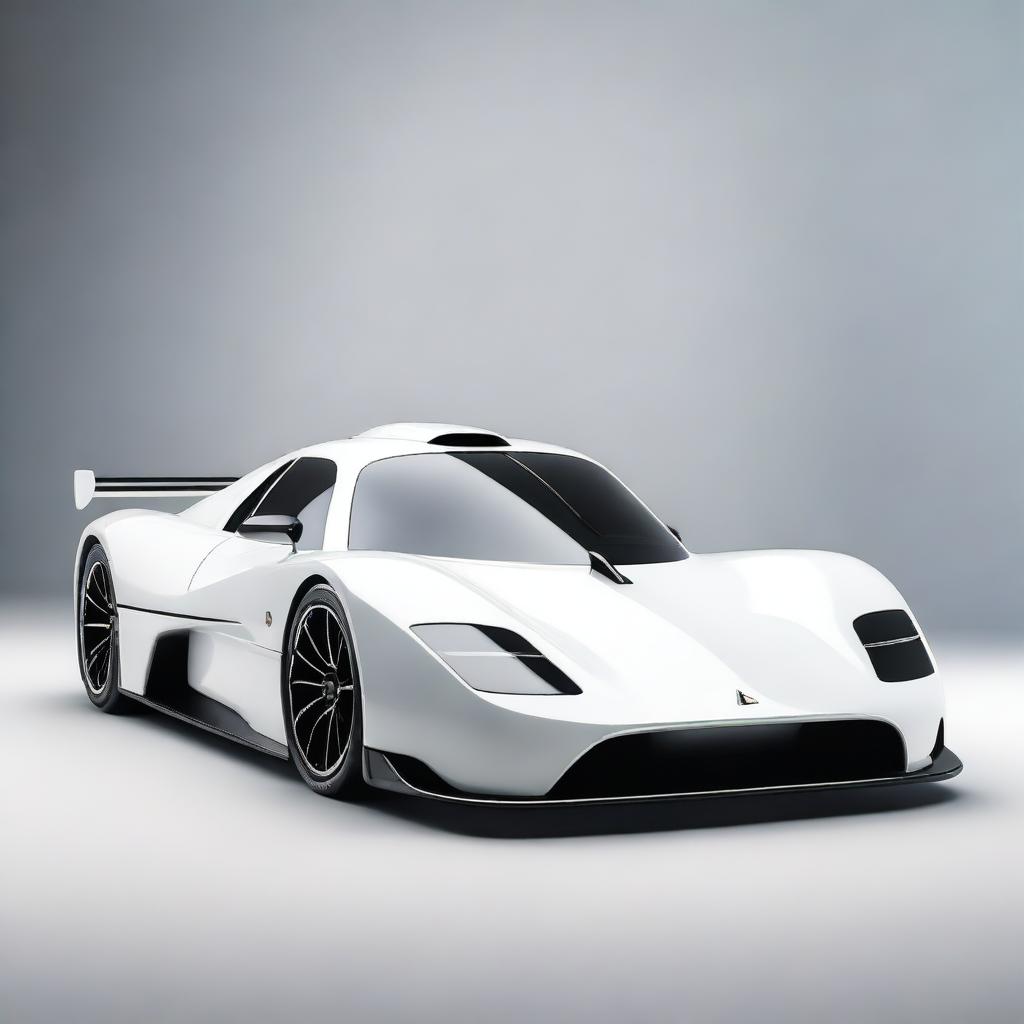 A modern supercar inspired by 90s Group C racecars and prototype Le Mans vehicles, featuring a sleek white color and a long tail design