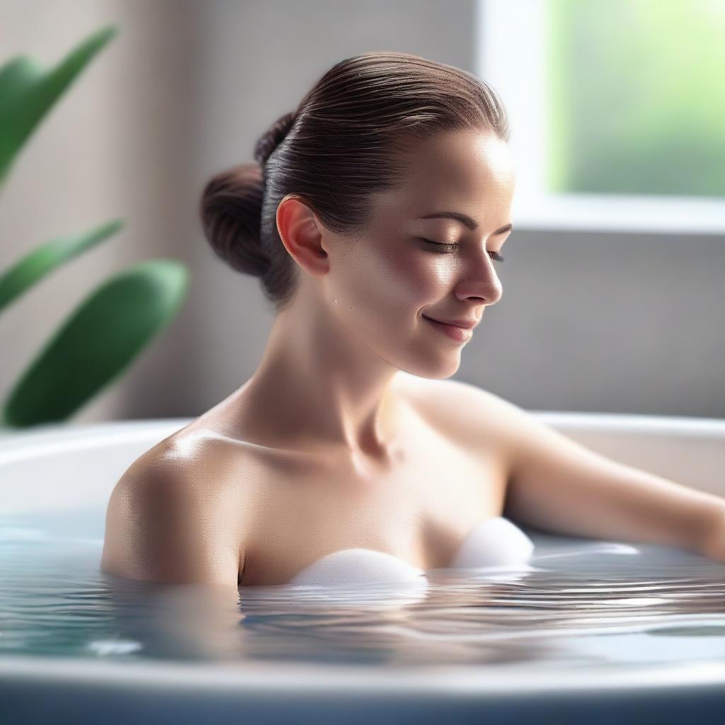 A high-quality hyper realistic digital artwork depicting a woman being bathed in a serene and tasteful setting