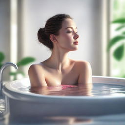 A high-quality hyper realistic digital artwork depicting a woman being bathed in a serene and tasteful setting