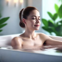 A high-quality hyper realistic digital artwork depicting a woman being bathed in a serene and tasteful setting