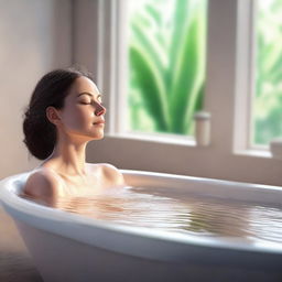 A high-quality hyper realistic digital artwork depicting a woman being bathed in a serene and tasteful setting