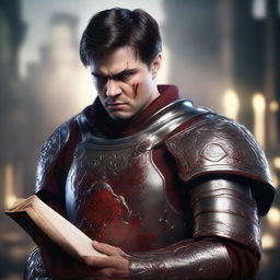 A detailed and realistic portrait of a young angry man with short dark brown hair and some blood on his face