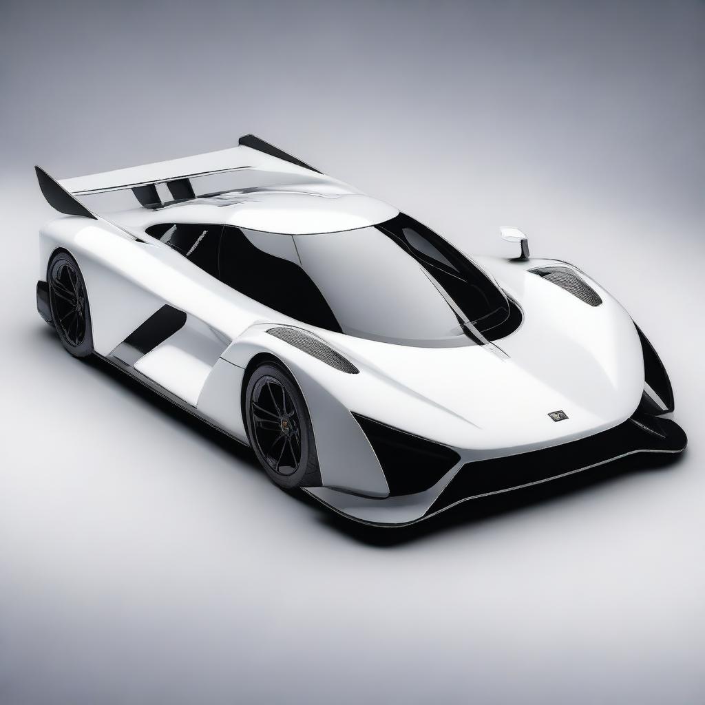 A modern supercar inspired by 90s Group C racecars and prototype Le Mans vehicles, featuring a sleek white color and a long tail design