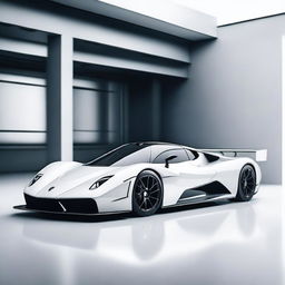 A modern supercar inspired by 90s Group C racecars and prototype Le Mans vehicles, featuring a sleek white color and a long tail design