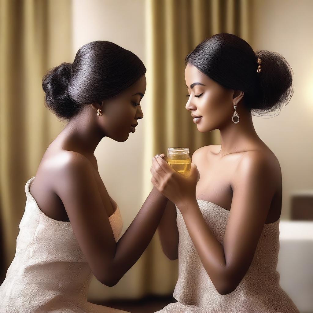 A high-quality hyper realistic digital artwork depicting women oiling each other up