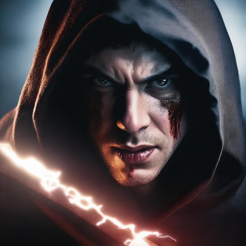 A portrait of a young angry man with dark brown hair and some blood on his face, wearing a black hood, holding a sword with a lightning bolt