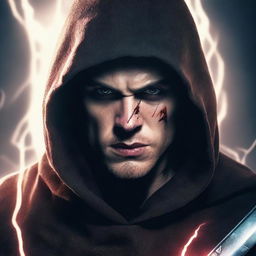 A portrait of a young angry man with dark brown hair and some blood on his face, wearing a black hood, holding a sword with a lightning bolt