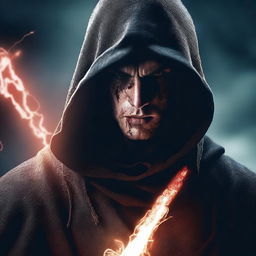 A portrait of a young angry man with dark brown hair and some blood on his face, wearing a black hood, holding a sword with a lightning bolt